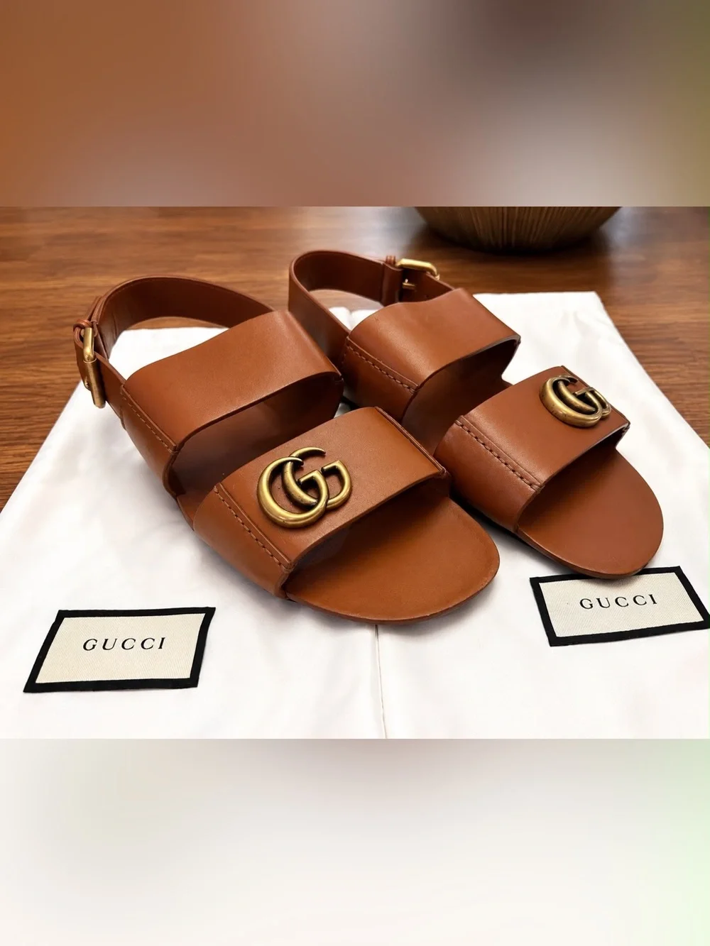 Authentic Gucci Double G Leather Slingback Sandals – Brown/Cognac – Size US 10
